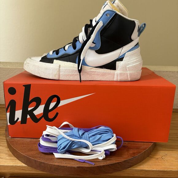 Men's Nike Blazer Mid x Sacai Blue Black White Sneakers - Size 10M Authentic